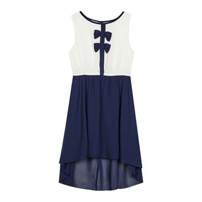 bluezoo Girls' ivory and navy bow applique dress